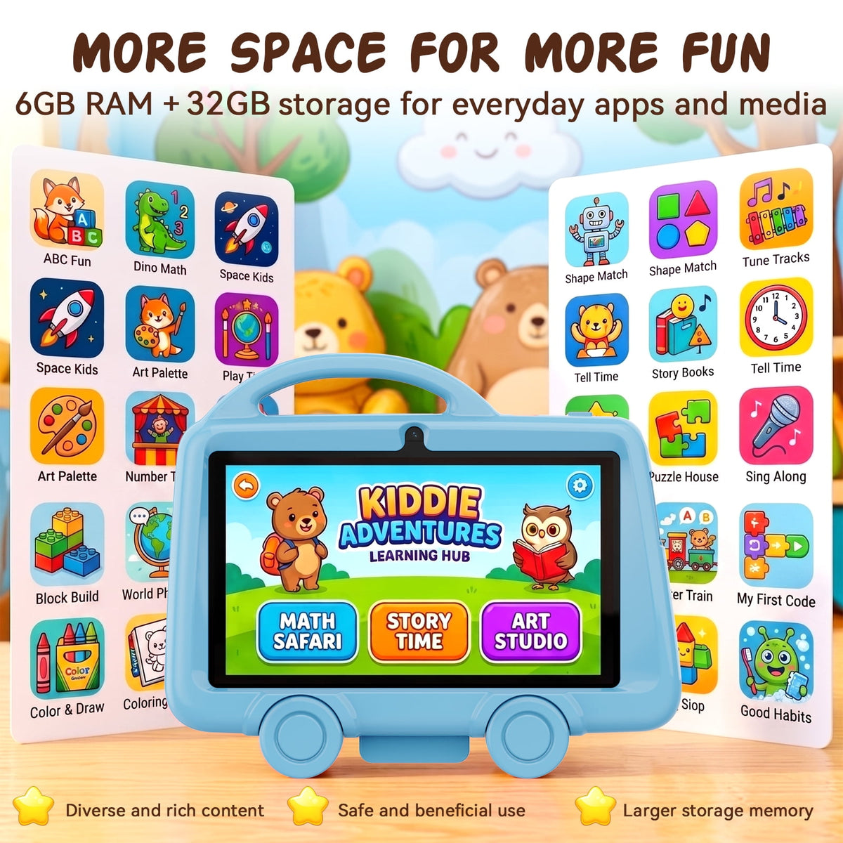 TABWEE Kids Tablet 7 inch, 6GB RAM + 32GB ROM, HD IPS Display, WiFi Bluetooth, Dual Cameras, Parental Control, Educational Android Tablet, Ideal Gift for Boys Girls, Shock‑Proof Silicone Case, Blue